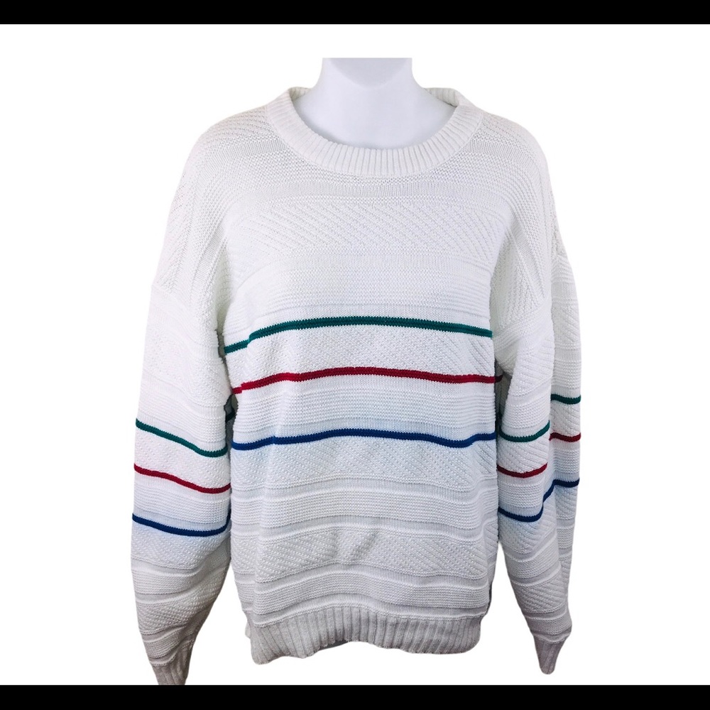 Vtg 80's Streetwear Cable Knit Cotton Sweater XL White W/Stripes